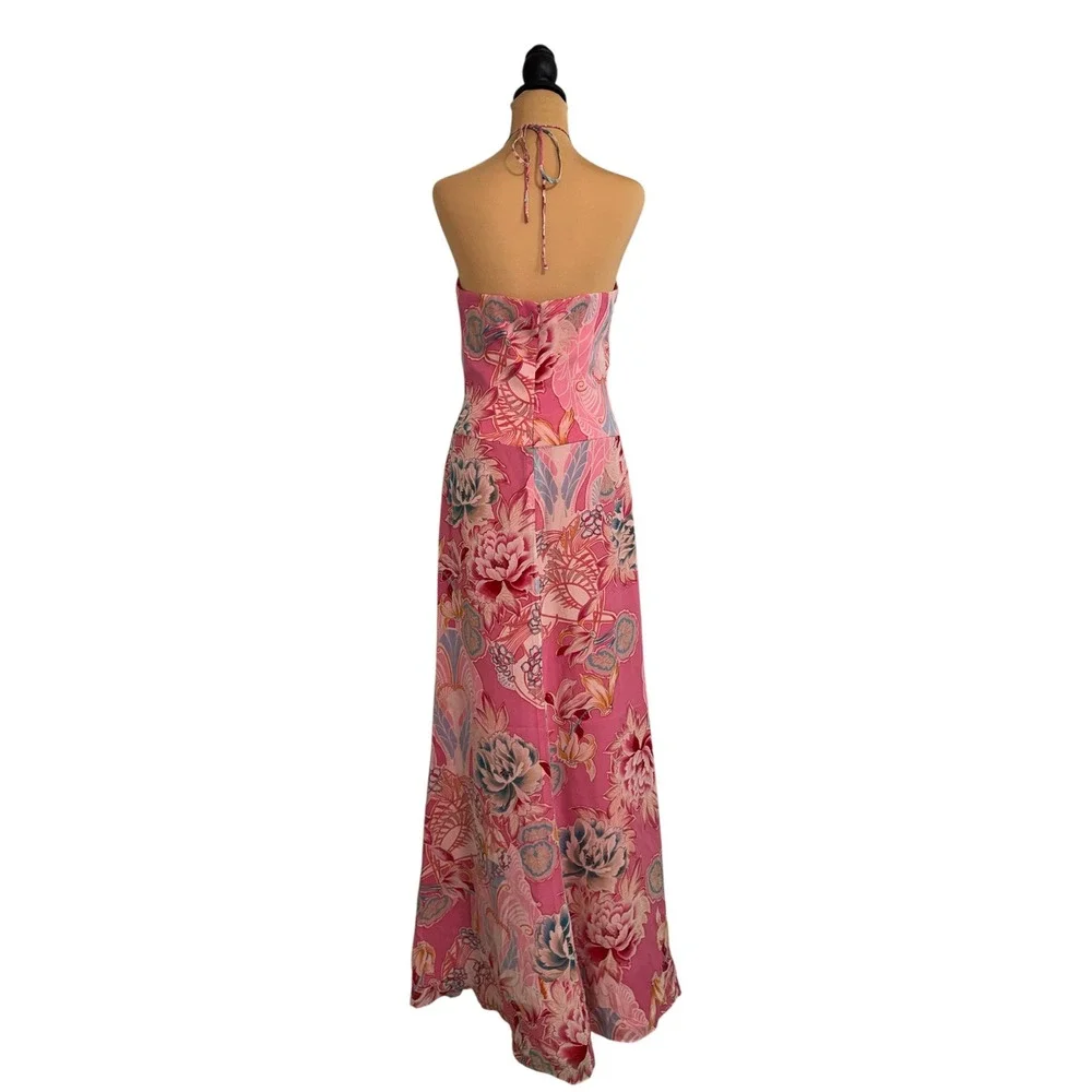 Kay Unger New York Pink Floral 100%Silk Ruffle Halter Maxi Dress Size 4 S#121249 - Picture 3 of 9